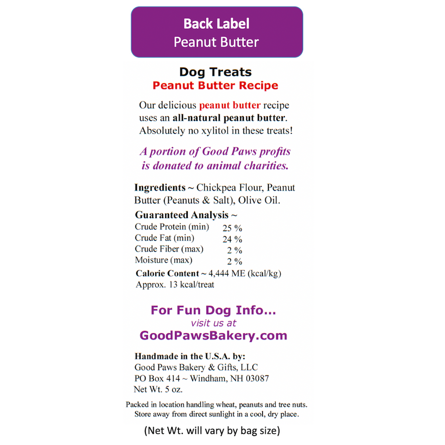 Vegan and Grain free peanut butter dog treats - back label - Good Paws Bakery