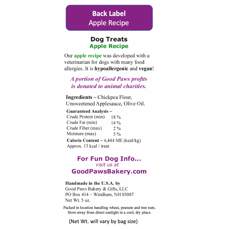 Hypoallergenic apple dog treats - back label - Good Paws Bakery